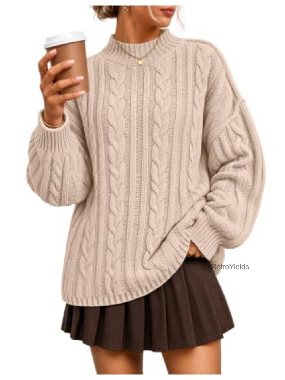 Womens Oversized Mock Neck Cable Knit Pullover Sweater Long Sleeve Cozy Fall